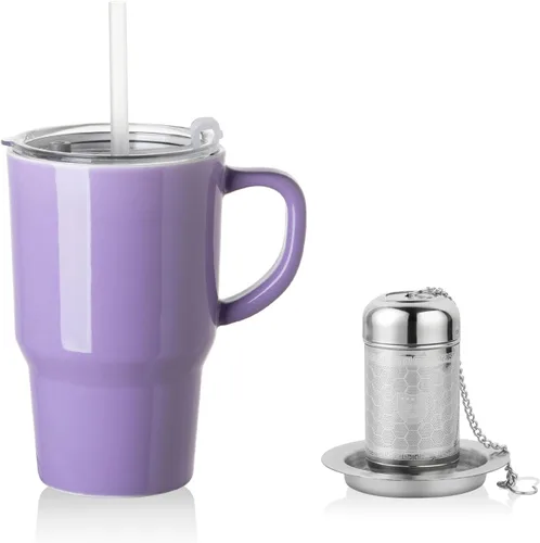 Miniatura 12 de Sweejar Taza infusora de té de porcelana con tapa, taza de té de 16 onzas con coladores para té de hojas sueltas, taza de café apta para microondas