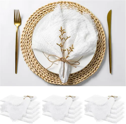 Miniatura 23 de Paquete de 12 servilletas de lino y algodón beige de 16 x 16 pulgadas, hechas a mano con flecos, servilletas de tela suave, lavables y rústicas