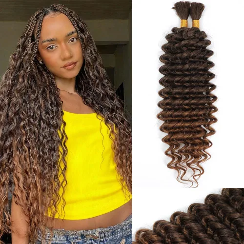 Miniatura 16 de Mezcla de cabello humano trenzado sintético de onda profunda a granel para trenzar, 16 pulgadas, cabello trenzado húmedo y ondulado, 2 piezas