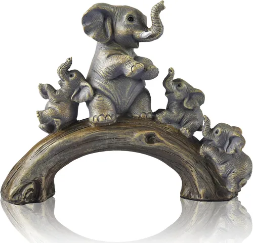 Lindas estatuas de elefante amarillo para decoración del hogar, el elefante de la buena suerte y sus tres hijos están jugando en un puente de