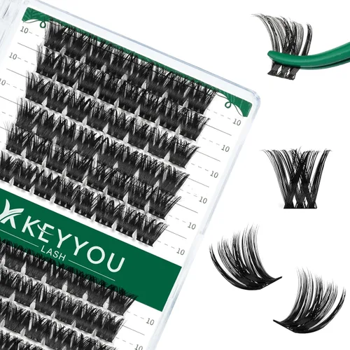 Miniatura 103 de KEYYOU Racimos de pestañas, 96 piezas de extensiones de pestañas DIY, rizado D de 16 mm, negro, realista, no irritante, fácil de colocar en casa