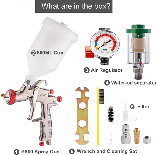 Miniatura 7 de R500 LVLP Pistola pulverizadora de 0.051 in con regulador de presión de aire y separador de aceite-agua, pistola de pintura automotriz