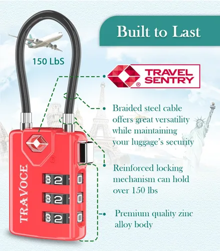 Miniatura 9 de Search Alert - Cerraduras de cable de equipaje de combinación de viaje aprobadas por la TSA para maleta, casillero de gimnasio, caja