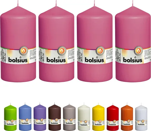 BOLSIUS 4 velas de pilar rosadas, 3 x 6 pulgadas, envueltas individualmente, calidad europea premium, más de 65 horas de combustión, llama suave sin