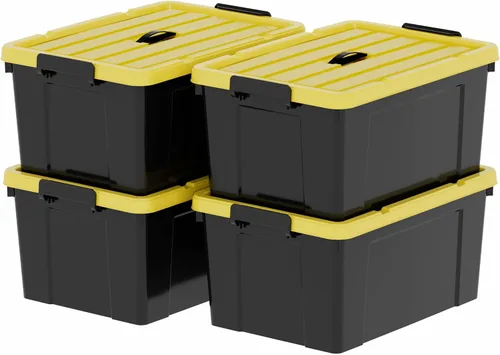 Cetomo 4 contenedores de almacenamiento de plástico de 72 cuartos de galón, caja de almacenamiento con asa, apilable, negro y amarillo, paquete de 4