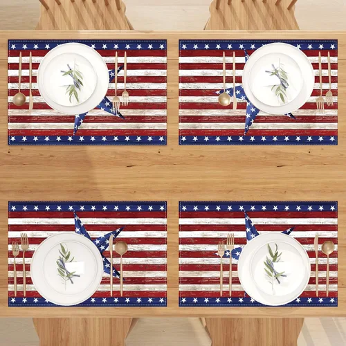 Miniatura 5 de Juego de 4 manteles individuales patrióticos con diseño de acuarela de bandera americana, color rojo, blanco y azul, 4 de julio, Día