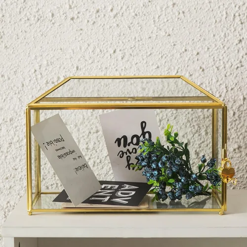 Miniatura 3 de Caja de Tarjetas de Boda de Cristal con Ranura, Caja de Tarjetas Transparente Grande de 12.6 Pulgadas de Latón Dorado con Cerradura para Recepciones