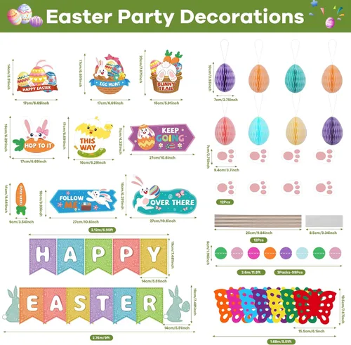 Miniatura 2 de AhfuLife Juego de decoraciones de Pascua, pancarta de papel de conejo de Pascua, pistas de búsqueda de huevos de Pascua con palos y patas de conejo