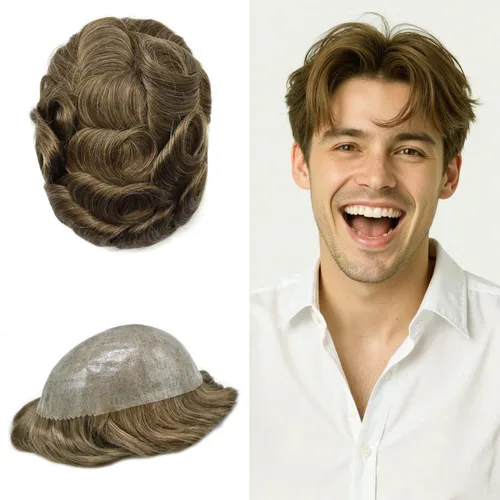 Miniatura 40 de Extensiones de pelo tipo tupé para hombre, sistema de reemplazo de cabello humano virgen 100% europeo, piel fina y duradera, inyección completa