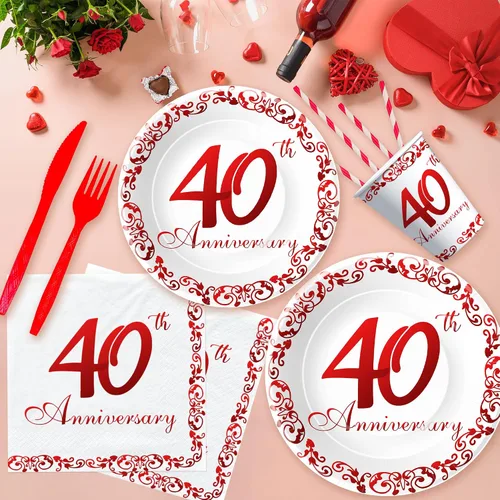 Miniatura 4 de APOWBLS Vajilla para decoración del 40 aniversario, suministros de fiesta de aniversario de boda de rubí, platos de papel, vasos, servilletas