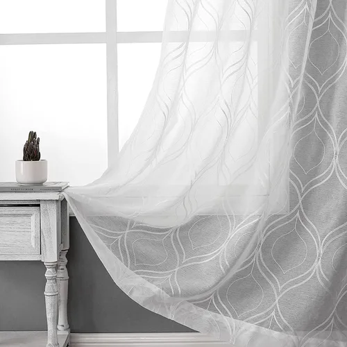 Miniatura 14 de VISIONTEX Cortinas traslúcidas blancas de 63 pulgadas de largo, juego de 2 paneles de bordado marroquí con puntos beige, tela de gasa bordada