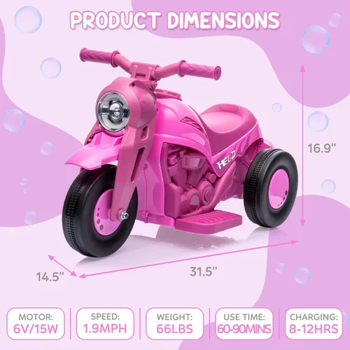 Miniatura 5 de Hetoy - Coche de burbujas para niños, motocicleta eléctrica de 6 V con batería de 1.9 MPH de velocidad con faros LED, música, pedal, Rosa