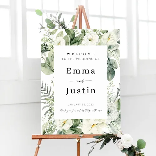 Miniatura 13 de Cartel de bienvenida de boda floral azul claro personalizado, cena de ensayo para parejas, ducha, aniversario, fiesta, póster de bienvenida, lienzo