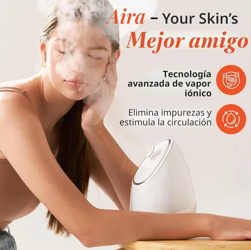 Miniatura 2 de Vanity Planet Aira - Vaporizador facial iónico (beige) – Limpiador de poros que desintoxica, limpia e hidrata – Boquilla ajustable, tanque de agua