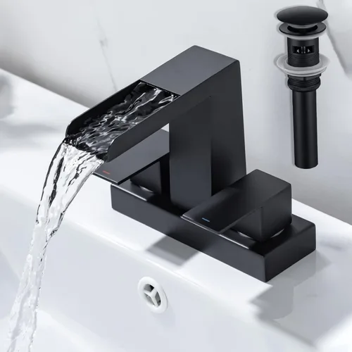 Miniatura 10 de Grifo de cascada de baño central de 4 pulgadas, 2 manijas y 3 agujeros, grifo de lavabo de cascada con desagüe desplegable con desbordamiento, oro