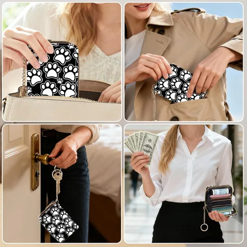 Miniatura 5 de Tarjetero de crédito para mujer, pequeña cartera RFID con cierre de llavero, bonita cartera de piel sintética, Huellas de patas en blanco y negro