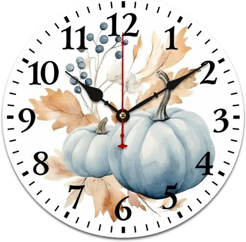 Miniatura 12 de Reloj de pintura de tinta acuarela amarillo verde calabazas hojas redondo creativo reloj decorativo sin tictac Acción de Gracias o Halloween reloj