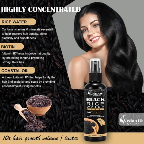 Miniatura 5 de Spray de agua de arroz negro para el crecimiento del cabello, suero orgánico para el cabello con aceite de ricino y raíz de jengibre, fortalece