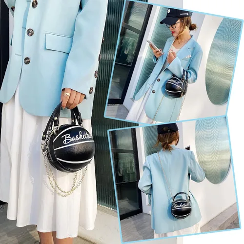 Miniatura 6 de Fozehlad Bolso de hombro en forma de baloncesto para mujer, lindo mini bolso cruzado para niñas, bolso de mensajero de cuero PU redondo monedero