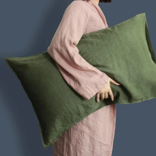 Juego de 2 fundas de almohada 100% lino francés, tamaño Queen (20 x 30 pulgadas), color sólido lavado a la piedra, suave y transpirable (verde Verde