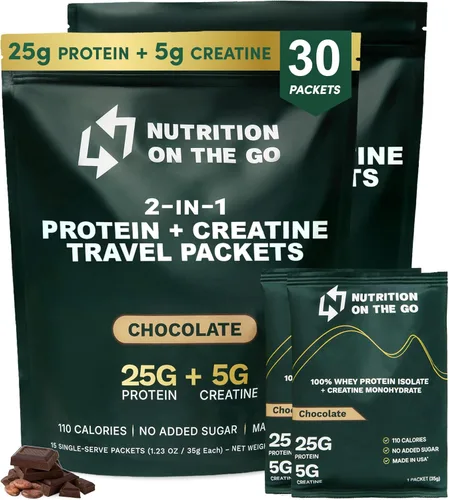 Miniatura 17 de Nutrition On The Go Paquetes aislados de proteína de suero con creatina, 0.88 oz de proteína + 0.18 oz de creatina, proteína de viaje en polvo