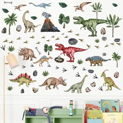 Miniatura 6 de Calcomanías de pared grandes de dinosaurio para despegar y pegar, calcomanías de pared de huellas de dinosaurio, hojas tropicales, palmeras