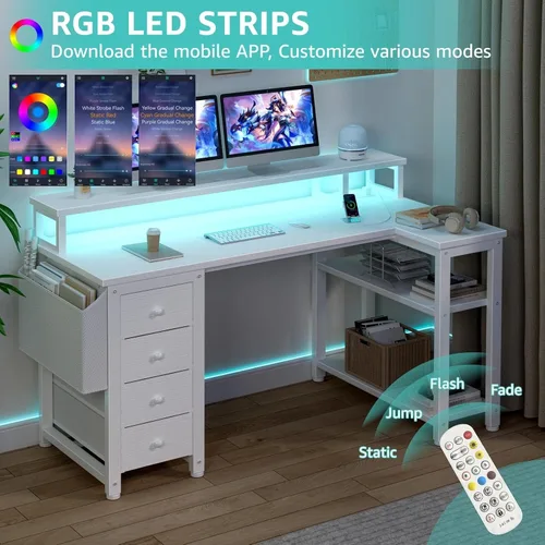 Miniatura 4 de Lufeiya Escritorio en forma de L con luces LED y tomas de corriente, escritorio de 47 pulgadas para computadora de estudio, escritorio