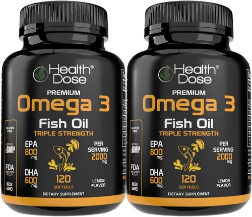 Miniatura 10 de Health Dose Aceite de pescado Omega 3 de 2000 mg – Cápsulas blandas con sabor a limón con EPA 800 mg y DHA 600 mg para apoyo al cerebro, corazón