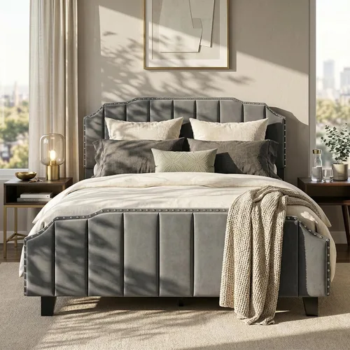 Miniatura 13 de Base de cama matrimonial con cabecera de almacenamiento con respaldo alado de 51.8 pulgadas, plataforma tapizada gris con estación de carga (tipo C)