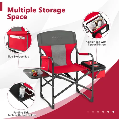 Miniatura 7 de COSTWAY Silla de camping plegable, silla de director de alta resistencia soporta 400 libras para adultos con mesa auxiliar, bolsa refrigeradora, Rojo