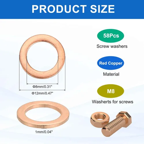 Miniatura 2 de MECCANIXITY 58Pcs Arandela Plana, Kit de Surtido de Arandelas de Cobre M8, Anillo de Sellado de Cobre, Arandela de Compresión, 8mm ID, 12mm OD, 1mm