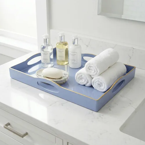 Miniatura 5 de Bandeja de servir azul con 4 asas, bandeja decorativa de plástico para mesa de café, otomana - Ideal para sala de estar y baño. 15 x 11 x 1.9