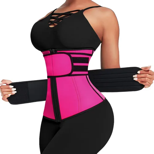 Entrenador de cintura para mujer, talla grande, 2 correas, 7 huesos, entrenamiento de sauna, corsé de neopreno para ejercicio, color rosa rojo, XS