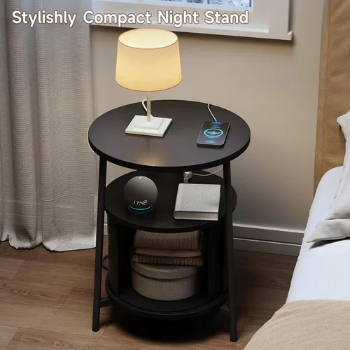 Miniatura 9 de ONBRILL Mesa auxiliar redonda con almacenamiento, mesita de noche acanalada con estación de carga, pequeñas mesas de noche modernas de mediados
