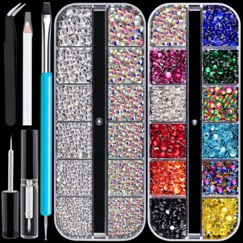 Miniatura 10 de Kits de diamantes de imitación de espalda plana, diamantes de imitación coloridos+gemas de cristal AB con pegamento de secado rápido+lápiz