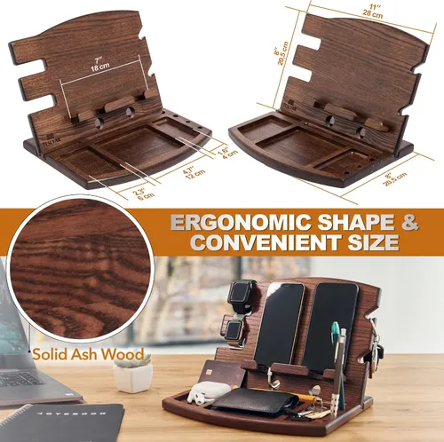 Miniatura 6 de TESLYAR Estación de acoplamiento de madera para teléfono con ceniza natural soporte para llaves de teléfono organizador de relojes para hombres