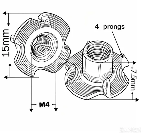 Tuerca en T M4 X 0.295 in 4 puntas T Tuercas ciegas Tuercas roscadas Inserto Limpio Hilos Limpios Sin Oxido Acero al Carbono Chapado en Zinc para