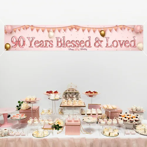 Miniatura 5 de Labakita Cartel de 90 años bendecidos y amados, pancarta grande de feliz cumpleaños 90, decoraciones de cumpleaños de mamá abuela 90 años, pancarta