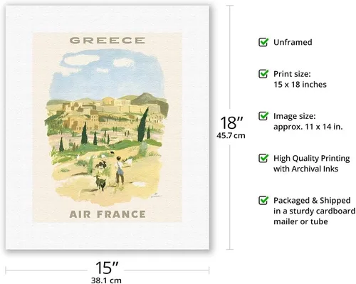 Miniatura 2 de Greece - Acropolis of Athens - France - Vintage Airline Travel Poster by Georges Beuville c.1958 - Fine Art Rolled Canvas Print 11in x 14in
