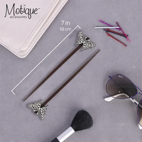 Miniatura 3 de Juego de palitos para el cabello con gemas mariposas (marrón)