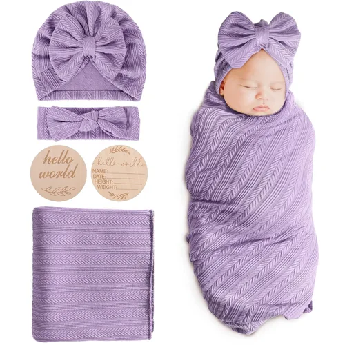 Miniatura 22 de DRESHOW BQUBO Mantas envolventes para bebés niñas, juego de 4 accesorios para recién nacidos con gorro a juego y cinta con moño con tarjeta de 1