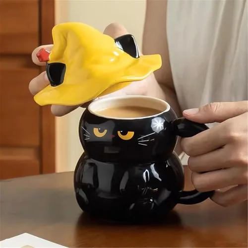 Miniatura 3 de Taza de café de cerámica, diseño de gato negro, hecho a mano, con sombrero de mago, tapa, asa, oficina, hogar, chocolate caliente con leche, regalos