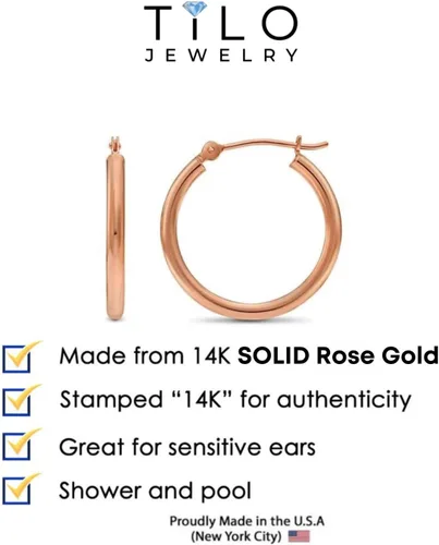 Miniatura 4 de Aretes de aro redondos pulidos clásicos de oro rosa de 14 quilates, tubo de 0.079 in