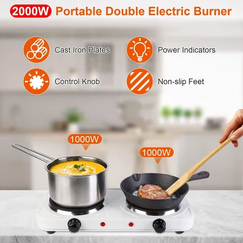 Miniatura 2 de TeqHome Placa caliente, placa de inducción portátil de 2000 W, quemador doble con control dual y control de temperatura de 5 niveles, fácil