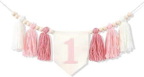 Miniatura 11 de Cartel de primer cumpleaños, tema de borla rosa para niña, decoración de fiesta de primer cumpleaños, telón de fondo de fotos, para colgar en la Azul