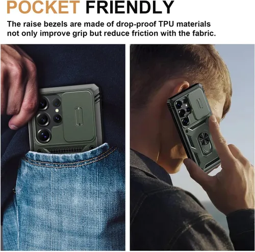 Miniatura 7 de PASNEW Funda para Samsung Galaxy S22 Ultra 5G, cubierta de cámara deslizante y soporte de dedo de metal de 360°, carcasa rígida protectora Verde