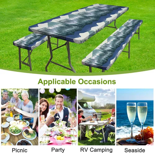 Miniatura 6 de ICOSY Mantel de picnic con fundas de banco de 30 x 72 pulgadas, resistente al viento, mantel rectangular ajustable para mesas de 6 pies, accesorios