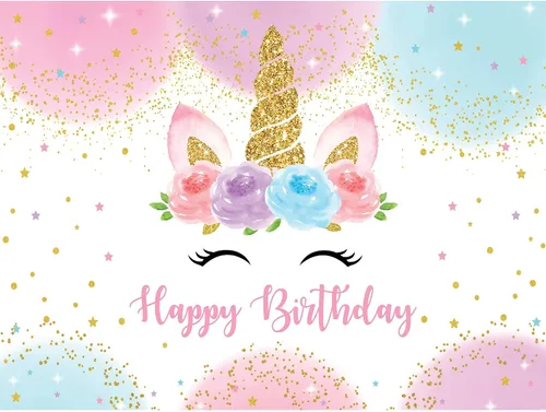 Miniatura 8 de Telón de fondo de unicornio arcoíris de 5 x 3 pies, decoraciones de fiesta de feliz cumpleaños para niñas, acuarela, floral, estrellas, lunares