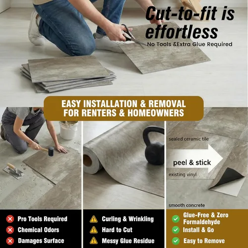 Miniatura 7 de Azulejos de suelo para despegar y pegar, suelo de vinilo impermeable de 12 pies cuadrados, azulejos gruesos de aspecto de mármol beige y marrón