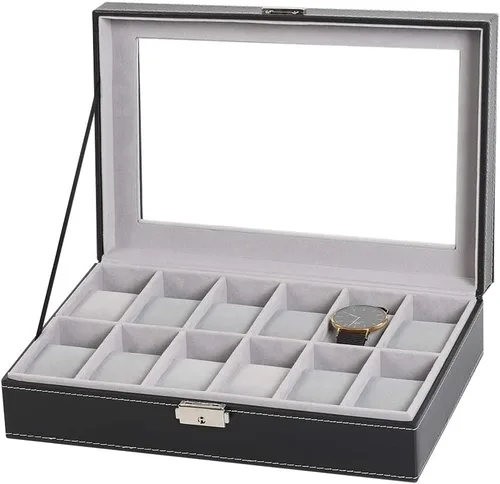 LIANTRAL Caja de reloj para hombre regalo de San Valentín para él 12 ranuras de cuero organizador de reloj parte superior de cristal negro